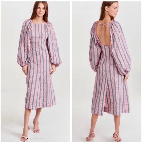 Ganni Dresses & Skirts - GANNI Pink Striped Puff Sleeve Floral Seersucker Midi Maxi Dress Size 34 Medium